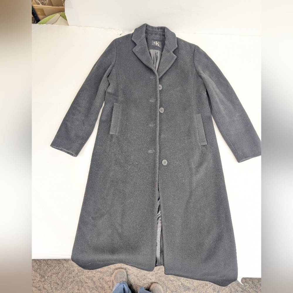 Calvin Klein Black Wool Felt Winter Trench Coat Size 8